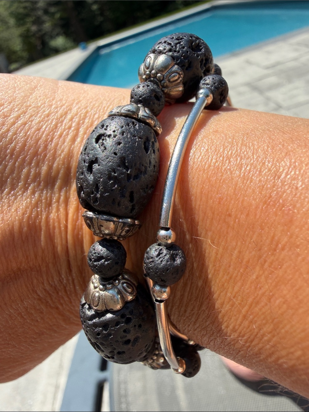 Handmade Black Lava Bead & Silver Accent Bracelet Set